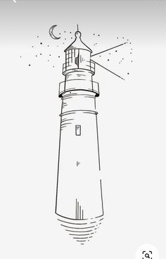 a black and white drawing of a lighthouse with the moon in the sky above it