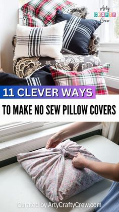 Transform your space effortlessly, one stylish pillow at a time, with these 11 DIY no-sew pillow covers that are quick and beginner-friendly. Curated by Arty Crafty Crew. Couch Cover Ideas, Throw Pillows Diy, Diy Cushion Covers, Sew Pillow