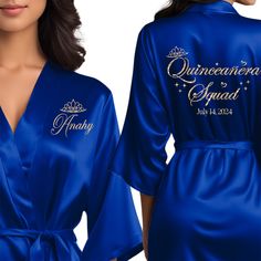 The perfect personalized satin quince robes for the entire quinceanera squad. Personalized Robe, Quince, Quinceanera, Getting Ready, In Style, Royal Blue, Make Your, Satin, Blue