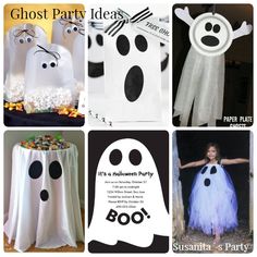 halloween party ideas for kids with ghost and ghost costumes on display in front of them