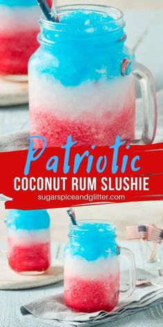 patriotic coconut rum slushie in a mason jar