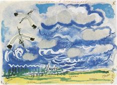 a drawing of two birds flying in the sky with clouds above them and trees below