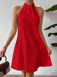 Solid Plisse Halter Dress For Summer Red Casual,Sexy  Sleeveless Woven Fabric Plain A Line Slight Stretch  Women Clothing, size features are:Bust: ,Length: ,Sleeve Length: Summer Knit Tops, Dress For Summer, Sweater Vest Women, Arte Popular, Summer Knitting, Knitwear Men, Summer Women