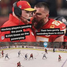 two hockey players facing each other on an ice rink with the caption saying hockey players passing the puck the times on the power play