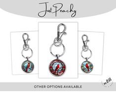 three different key chains with the words just peachy written on them and an image of two