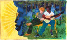 a painting of two people playing guitar in the woods