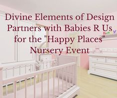 a baby's nursery room with pink walls and white furniture, including a crib