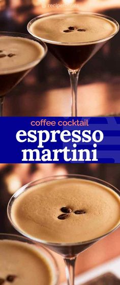 three martini glasses filled with coffee and espresso are shown in front of the camera