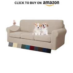 two dogs sitting on top of a couch with the caption click to buy on amazon