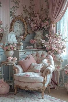 a living room filled with lots of furniture and flowers on the wall next to a window