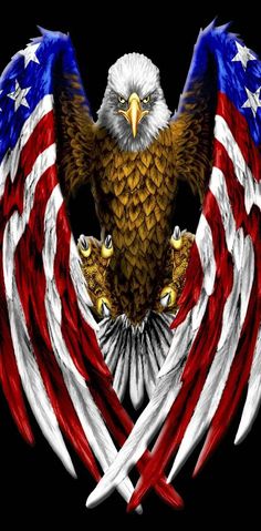 an eagle with two crossed swords on it's wings and the colors of the american flag