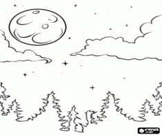 a black and white drawing of the sky with trees