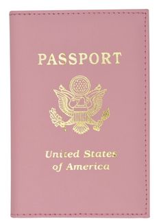 a pink passport case with the united states of america written on it's front