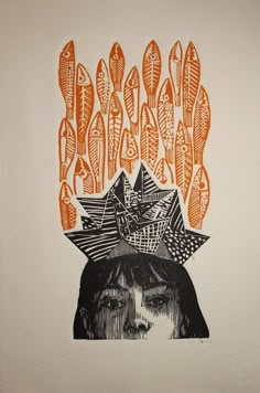 an orange and black drawing of a woman's head with feathers on her head