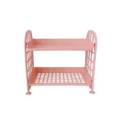 a pink shelf with two shelves on each side