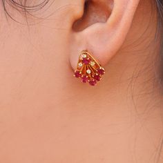 Natural Ruby Diamond Studs in Solid 18k Yellow Gold, Ruby Jewelry, Women Gift, Red Color Gold Earrings, Diamond Ruby Earrings   Product Details > Gemstone - Natural Ruby, Natural Diamond > Materials - 18K Solid Yellow Gold > Gemstone Shape - Round, oval Cut > Earring Length - 17.5 mm Approx > Earring Weight - 15 mm Approx > Gemstone Weight - 2.40 carat Approx  > Diamond Weight - 0.16 carat Approx  > Gross Weight - 6.700 grams Approx  > Setting type - prong setting   *Production Time: Generally w Ruby Earrings Studs Gold, Ruby Bangles, Ruby Earrings Studs, Earrings Diamond, Indian Earrings, Ruby Earrings, Ruby Jewelry, Ruby Diamond, Jewelry Women