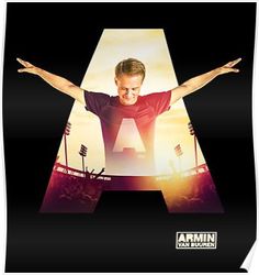 a man with his arms outstretched in front of an illuminated letter shaped like a stadium poster