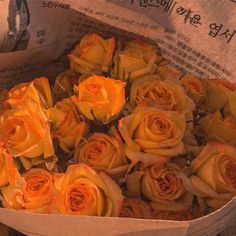 a bunch of yellow roses sitting in a box