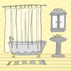 a drawing of a bathroom with a sink and bathtub in yellow, gray and white