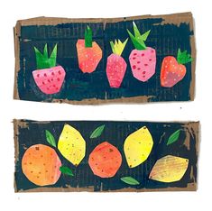 two pieces of paper with fruit painted on them