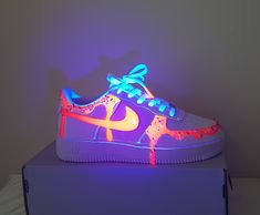 Thank you for selecting DrippyByPinkiey shop for your shopping needs.Once an order is placed. We immediately begin customizing the shoes to ensure the process is completed on time. Stand out with these custom Nike Air Force 1 sneakers in a bright 3D neon theme. 3d colourful custom air force glow in the dark shoes with luminous neon ticks shoes with luminous neon DRIPPY. -The shoes are hand decorated with leather high quality paints for a dope look. Perfect for any occasion, from activewear to ca Nike Shoes Women Fashion, Pretty Sneakers, Custom Sneakers Diy, Tie Sneakers, Boty Nike, Custom Shoes Diy, Pretty Shoes Sneakers, Preppy Shoes, Nike Fashion Shoes