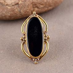 "Obsidian Ring, Vintage Ring, Boho Rings, Black Obsidian Ring, Brass Ring, Statement Ring, Obsidian Jewelry, Gemstone Ring, Rings For Her ❥ Customers satisfaction is our biggest priority, please contact us with any questions/queries for future or existing orders, and we will do our best to make sure you are happy with your order. ❥Please make sure to add the correct address during check out. You can return your purchased item within 15 days after successful delivery. We offer a 100% \"Money Back Black Gemstone Rings For Jewelry Making, Black Rings With Natural Stones For Gift, Ornate Gold Rings With Cabochon, Black Oval Spiritual Rings, Vintage Black 14k Gold Rings, Antique Onyx Ring With Gemstone, Vintage Onyx Ring Bohemian, Black Spiritual Gemstone Rings, Black Spiritual Rings With Gemstone