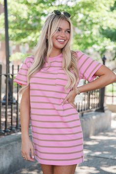 Never A Dull Moment Pink and Brown Striped T-Shirt Dress Wedding Swimwear, Cocktail Dress Wedding Guest, Never A Dull Moment, Striped T Shirt Dress, Pink Rompers, Pink And Brown, Dress Sale, Striped T Shirt, Style Maxi Dress