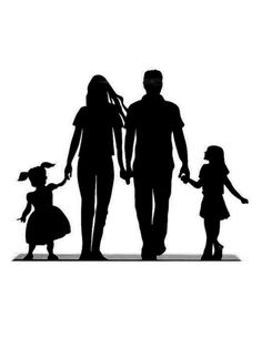 a family silhouetted against a white background with the child holding her hand and walking behind them