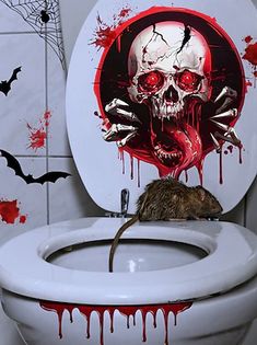 a bathroom with a toilet covered in blood and a dead rat sitting on the seat