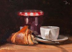 a painting of a cup and saucer next to a pastry on a wooden table