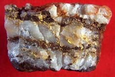 some kind of rock that is sitting on a red tablecloth with white and gold flecks