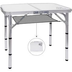 an image of a white folding table with black legs and the measurements below it to show how much space is needed