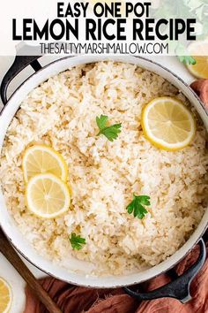 lemon rice in a pan with parsley on top and text overlay that reads easy one pot lemon rice recipe