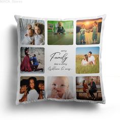 a pillow that has pictures on it with the words family and day written in white