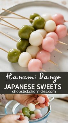 several skewers filled with green and white candy on top of a metal pan