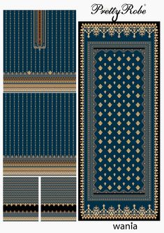 the front and back of a blue rug with gold trimmings on each side