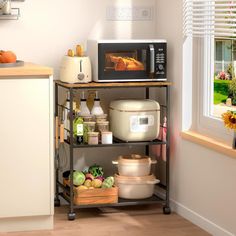 a microwave oven sitting on top of a shelf next to a counter filled with food