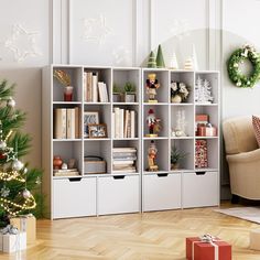 a living room with a christmas tree and bookshelf