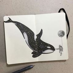 a drawing of an orca jumping out of the water with a balloon attached to it