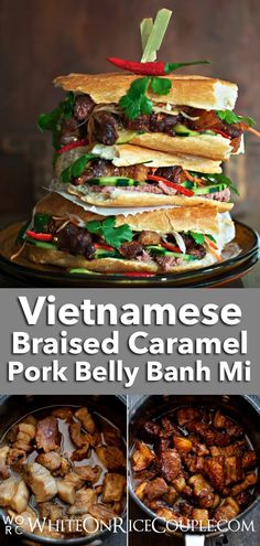 the vietnamese braised caramel pork belly banh mie is stacked on top of each other