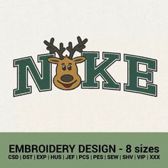 embroidery design - 8 sizes reindeer head with green and white text on the bottom,