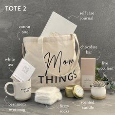 the contents of a tote bag and its contents are labeled with words on it