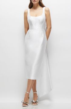 A bountiful bow enhances your exit in this satin twill cocktail dress designed with a corset-insired bodice for added allure. 46 1/2" length (size 8) Hidden back-zip closure Square neck Scoop back Lined 100% polyester Dry clean or machine wash, tumble dry Imported Midi White Dress Wedding, Midi White Dress, Midi Wedding Dress, Midi Gowns, Midi Bridesmaid Dress, Scoop Neck Midi Dress, Alfred Sung, White Cocktail Dress, Midi Cocktail Dress