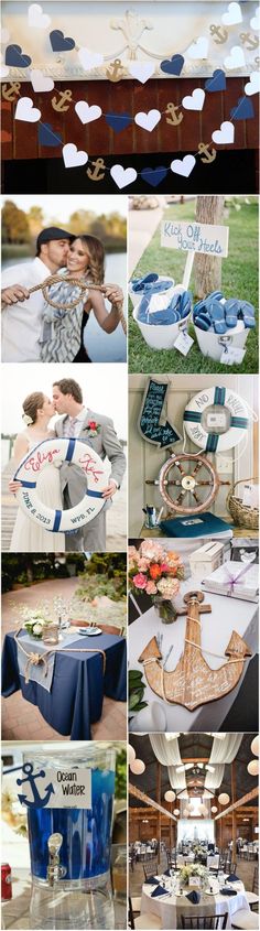 a collage of photos showing different types of wedding decorations and table linens, including blue