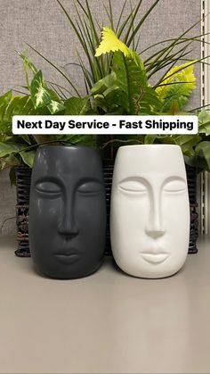 two face planters sitting next to each other on top of a table with plants