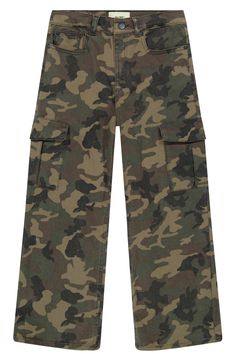 Your kid will love being seen in these roomy wide-leg pants outfitted with cargo pockets and a can't-miss camo print. Zip fly with button closure Five-pocket style; cargo flap-patch pockets 98% cotton, 2% Lycra® spandex Machine wash, dry flat Imported Camouflage Relaxed Fit Straight Leg Cargo Pants, Camouflage Wide Leg Pants With Multiple Pockets, Casual Camouflage Cargo Jeans With Patch Pockets, Camouflage Wide Leg Cargo Jeans, Camouflage Military Wide Leg Cargo Jeans, Military Camouflage Wide Leg Cargo Jeans, Relaxed Fit Camouflage Cargo Pants For Fall, Camouflage Wide-leg Cargo Jeans With Side Pockets, Wide Leg Camouflage Cargo Pants