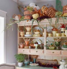 a shelf filled with lots of dishes and plants