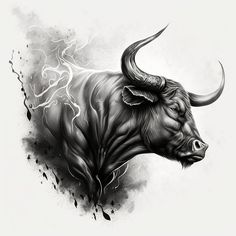 a black and white drawing of a bull's head with lightning in the background