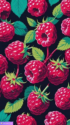 a bunch of raspberries on a black background with green leaves and red berries