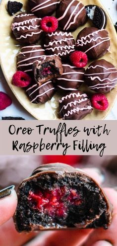 there is a plate with chocolate covered raspberry fillings on it and the words oreo truffles with raspberries filling